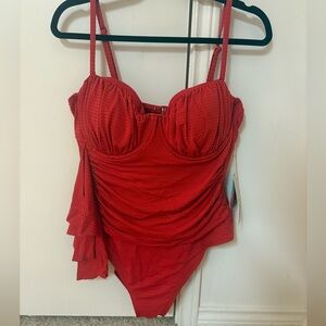 RHODE x Target Embossed Dot Ruffle Medium Coverage One Piece Swimsuit Red XL
